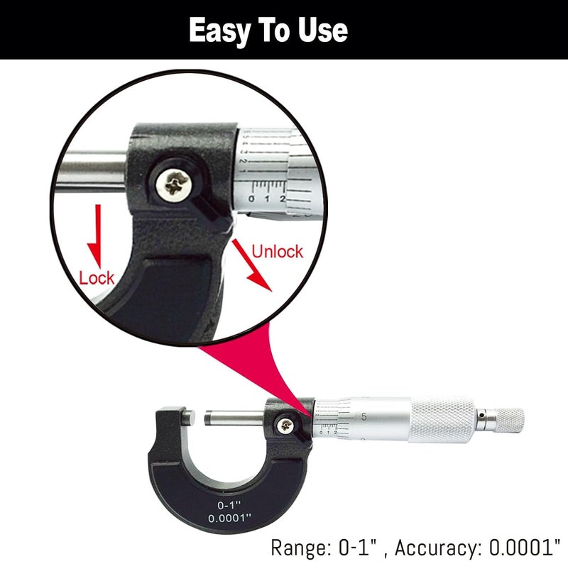 NORTOOLS Outside Micrometer, Ratchet Stop, Lock Nut 0-1" /0.0001" Precision Machinist Tool,Accuracy 0.0001" - Image 3